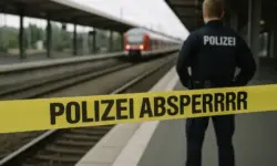 Polizeiabsperrung am Essener Hauptbahnhof mit Polizist und Absperrband, fotorealistisch inszeniert zur Illustration einer Messerattacke.