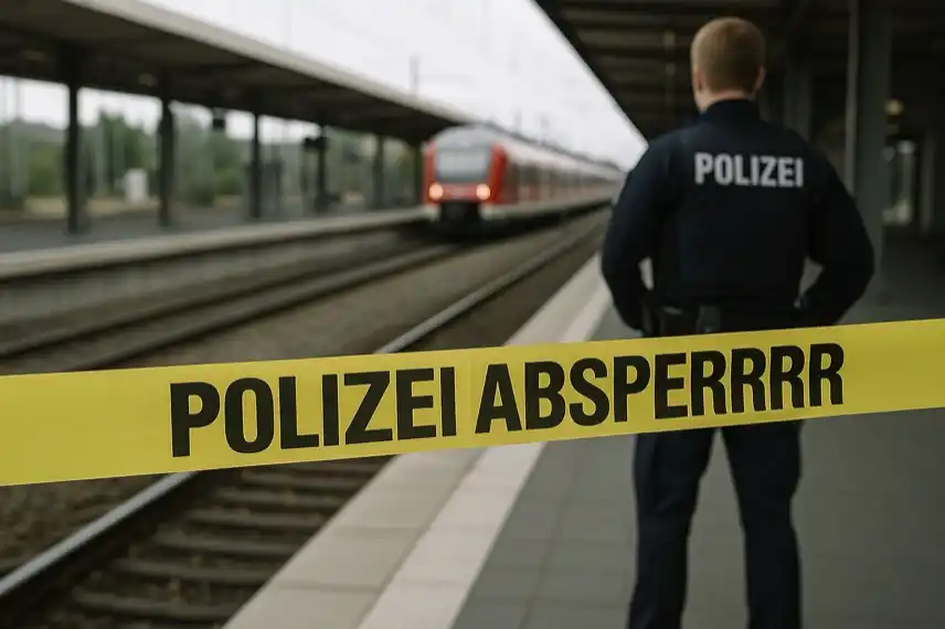 Polizeiabsperrung am Essener Hauptbahnhof mit Polizist und Absperrband, fotorealistisch inszeniert zur Illustration einer Messerattacke.