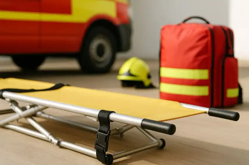 Rettungstrage, Notfallrucksack und Schutzhelm vor einem Einsatzfahrzeug – Darstellung zur Sicherheit von Rettungskräften.