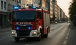Feuerwehrfahrzeug mit Blaulicht auf einer städtischen Straße, Symbolbild für einen Einsatz bei einem Bungalow-Brand in Berlin-Blankenfelde.