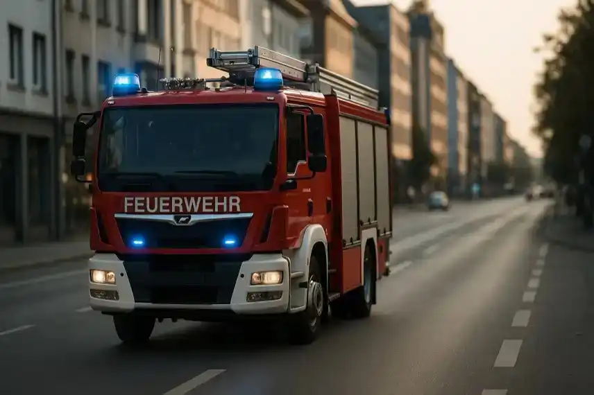 Feuerwehrfahrzeug mit Blaulicht auf einer städtischen Straße, Symbolbild für einen Einsatz bei einem Bungalow-Brand in Berlin-Blankenfelde.