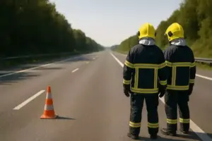 Zwei Feuerwehrleute mit Schutzkleidung und Helmen stehen auf einer leeren Autobahn und blicken in die Ferne Richtung Berlin.