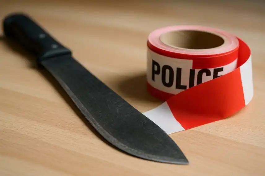 Nahaufnahme einer Machete neben rotem Polizeiband auf Holzfläche, illustrative Darstellung zum Polizeieinsatz in Köln-Bocklemünd.