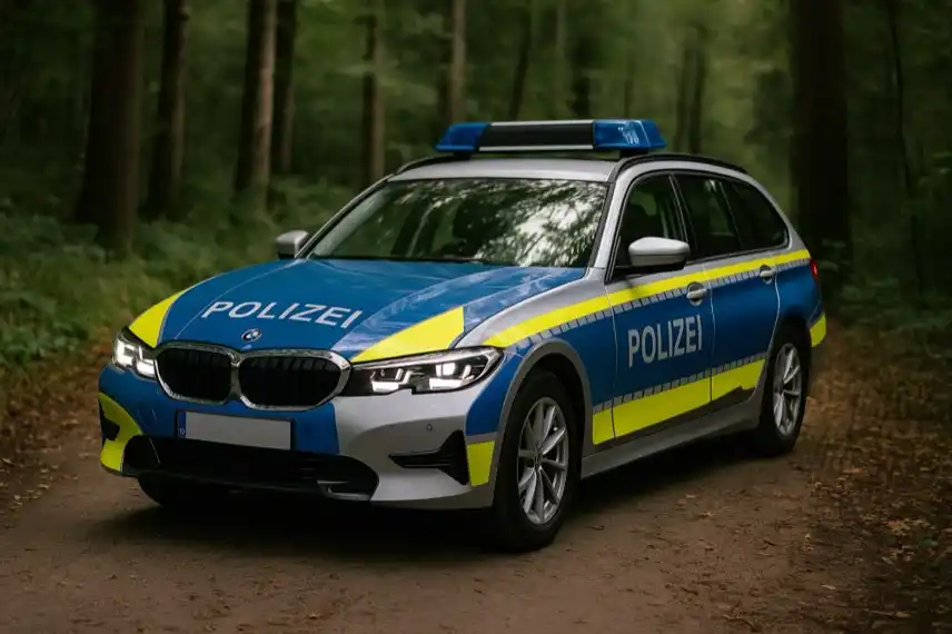 deutsches Polizeiauto im Wald, Eberbach Leichenfund, Ermittlungen zum möglichen Zusammenhang mit Unfall in Waibstadt.