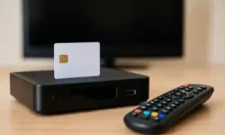 TV-Receivers mit eingelegter Smartcard und Fernbedienung, Darstellung zum Thema Pay-TV-Betrug und illegalem Sky-Cardsharing.