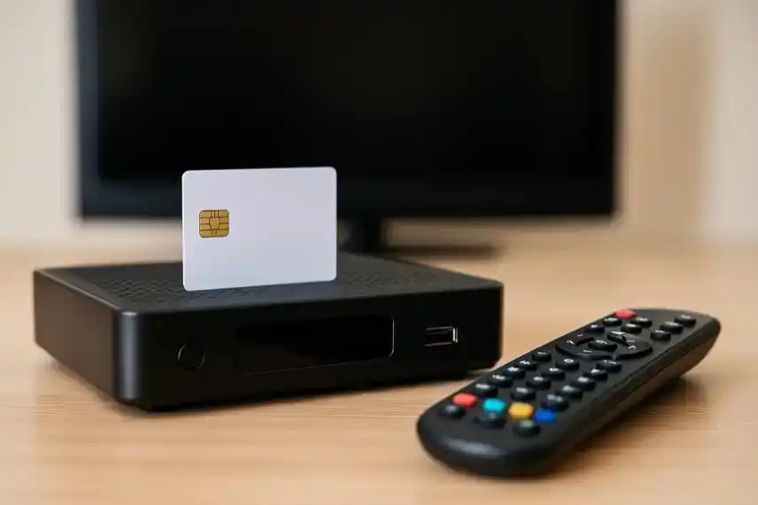 TV-Receivers mit eingelegter Smartcard und Fernbedienung, Darstellung zum Thema Pay-TV-Betrug und illegalem Sky-Cardsharing.