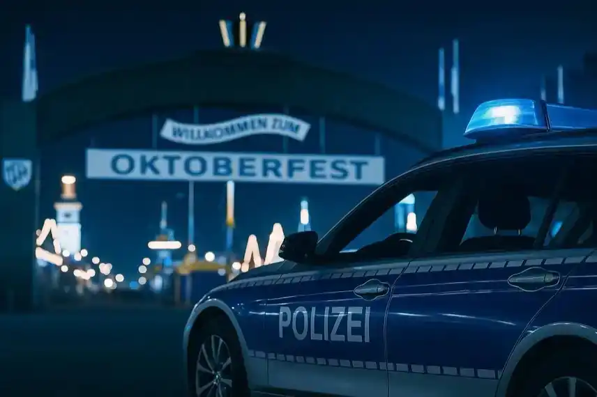 Symbolbild Oktoberfest Polizei – Streifenwagen vor Eingangstor, Sicherheitsmaßnahmen und Polizeieinsatz beim Brand auf der Wiesn.