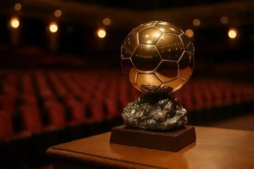 Ballon d’Or 2025 – goldene Fußball-Trophäe auf Podest, fotorealistisch dargestellt, dient als neutrale Nachstellung für Newsartikel.