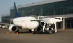 Drohne vor Passagierflugzeug am Flughafen als Symbolbild für Drohnen-Alarm in Kopenhagen.