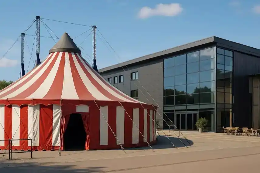 Zirkuszelt vor einem modernen Kulturgebäude als Darstellung des Kulturzentrums Tollhaus Karlsruhe.