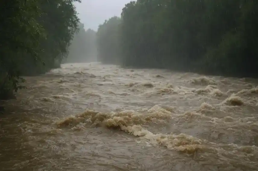 Symbolbild eines überfluteten Flusses in Italien während schwerer Unwetter, als generische Darstellung der Katastrophenlage im Piemont.