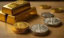 Fotorealistisches Symbolbild mit Goldbarren und Silbermünzen auf Holzfläche, zeigt die Rekordjagd von Gold und den Aufwind bei Silber.