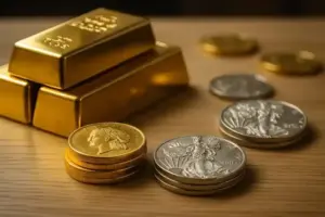 Fotorealistisches Symbolbild mit Goldbarren und Silbermünzen auf Holzfläche, zeigt die Rekordjagd von Gold und den Aufwind bei Silber.