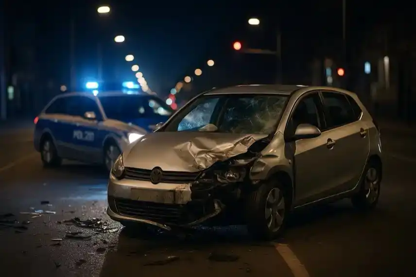 Symbolbild eines schweren Autounfalls bei Nacht mit beschädigtem Pkw und Polizeiwagen, stellvertretend für die Mordanklage nach einem illegalen Autorennen in Ludwigsburg.