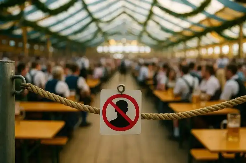 Bierzelt mit Besuchern an langen Holztischen, im Vordergrund Absperrung mit Schild, fotorealistisch nachgestellt.