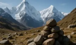 Steinhaufen in den Bergen mit verschneiten Gipfeln im Hintergrund, stellvertretend für das Thema Bergsteigen und Natur.