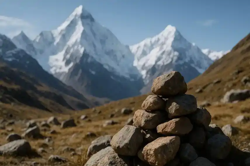 Steinhaufen in den Bergen mit verschneiten Gipfeln im Hintergrund, stellvertretend für das Thema Bergsteigen und Natur.