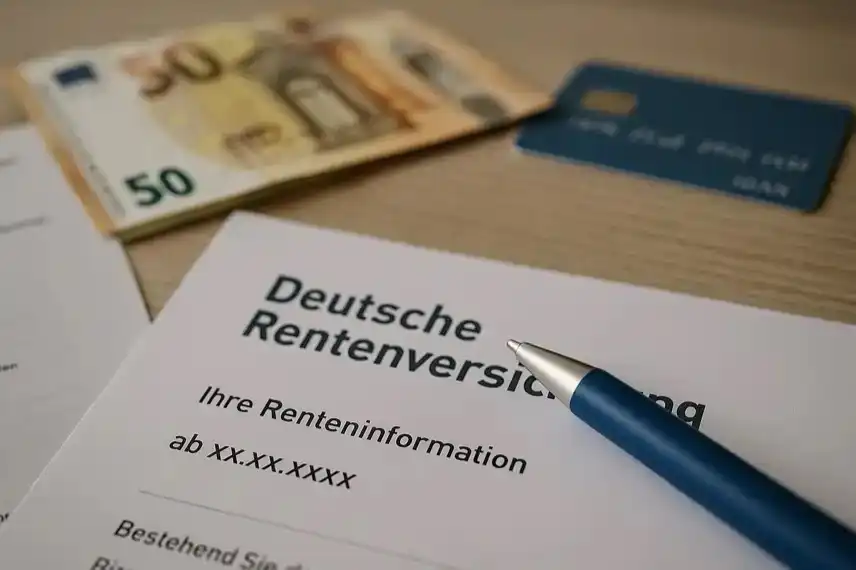 Deutschen Rentenversicherung mit Dokument, Euro-Banknoten und Bankkarte – verdeutlicht Diskussion um EU-Neuregelung PSD3 und Rentenzahlungen