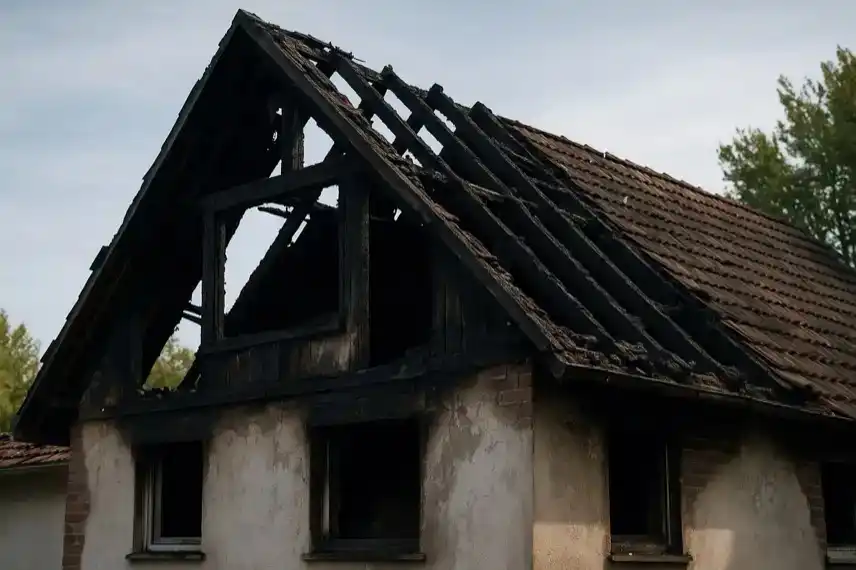 Symbolbild ausgebranntes Wohnhaus nach Großbrand in Pinneberg, Dachstuhl zerstört, Symbolfoto für Newsartikel über Hausbrand mit Todesopfer.