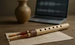 rekonstruierte antike Flöte auf Zeichnungen mit Laptop im Hintergrund, als Darstellung der modernen Klangarchäologie.
