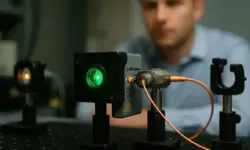 Quantenradar – fotorealistische Nahaufnahme eines Laboraufbaus mit optischen Komponenten und grüner Lichtquelle, illustrative Nachstellung.