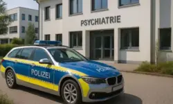 Deutsches Polizeiauto vor einer psychiatrischen Klinik in Osnabrück, erstellt als illustrative Nachstellung zum Thema Flucht aus Psychiatrie.