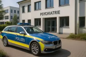 Deutsches Polizeiauto vor einer psychiatrischen Klinik in Osnabrück, erstellt als illustrative Nachstellung zum Thema Flucht aus Psychiatrie.