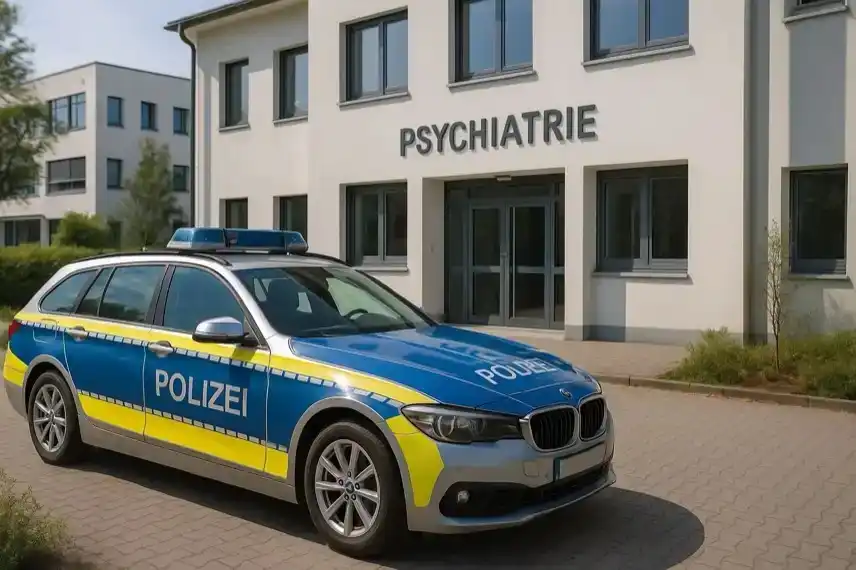 Deutsches Polizeiauto vor einer psychiatrischen Klinik in Osnabrück, erstellt als illustrative Nachstellung zum Thema Flucht aus Psychiatrie.