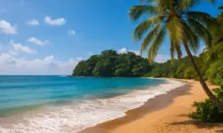 Costa Rica Strand Symbolbild – fotorealistisches Foto mit Palmen, goldenem Sand und türkisblauem Meer, tropische Landschaft im 16:9 Format.