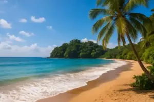 Costa Rica Strand Symbolbild – fotorealistisches Foto mit Palmen, goldenem Sand und türkisblauem Meer, tropische Landschaft im 16:9 Format.