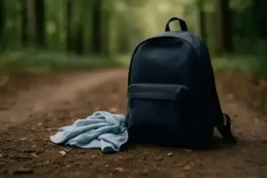Symbolbild eines blauen Rucksacks mit Tüchern auf einem Waldweg, stellvertretend für die Suche nach einem vermissten elfjährigen Jungen im Ennepe-Ruhr-Kreis.