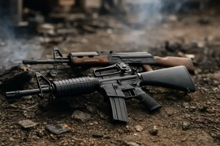zwei zurückgelassene Sturmgewehre auf Schutt und Erde, als Darstellung der Gewalt- und Bandenkrise in Haiti.
