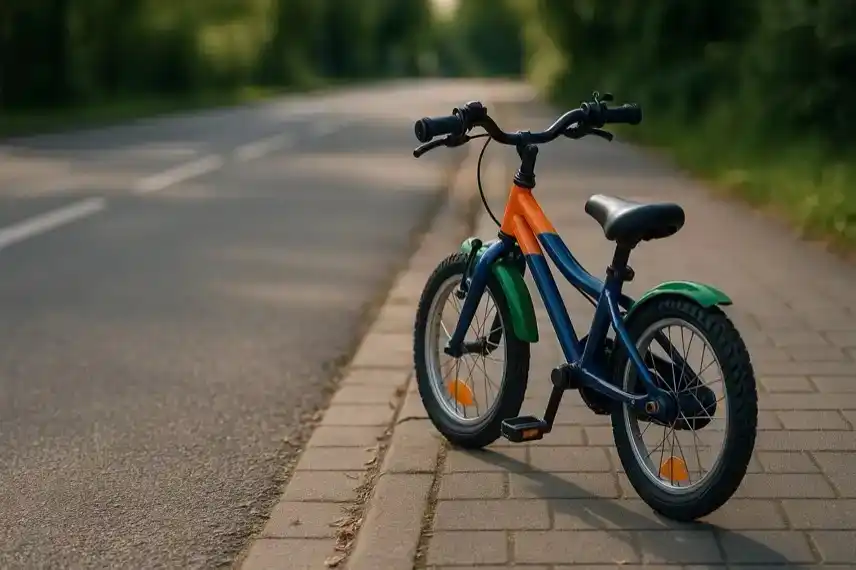 Symbolbild eines Kinderfahrrads am Straßenrand mit professioneller Tiefenschärfe, Darstellung zur Veranschaulichung steigender Schulwegunfälle 2025.
