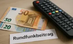Rundfunkbeitrag: Euro-Geldscheine neben einer TV-Fernbedienung als Darstellung der Gebührenzahlung und möglicher Befreiung.
