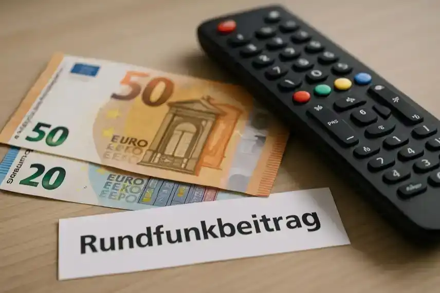 Rundfunkbeitrag: Euro-Geldscheine neben einer TV-Fernbedienung als Darstellung der Gebührenzahlung und möglicher Befreiung.