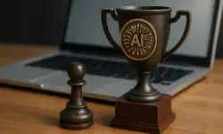Bronze-Pokal mit AI-Symbol und Schachfigur vor Laptop – Darstellung für Auszeichnung und KI-Debatte um OpenAI-Chef Sam Altman.