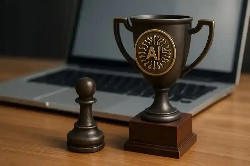 Bronze-Pokal mit AI-Symbol und Schachfigur vor Laptop – Darstellung für Auszeichnung und KI-Debatte um OpenAI-Chef Sam Altman.