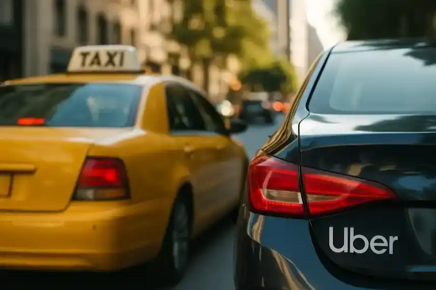 Taxi und Uber Auto als Symbolbild zur Preisobergrenze für Fahrdienste in Essen, fotorealistisch nachgestellt für Newsartikel.