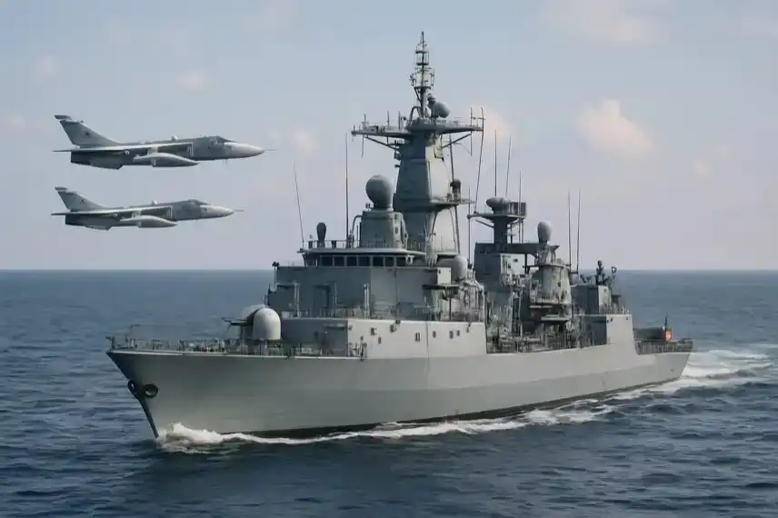 deutsche Fregatte Hamburg mit russischen Jets über der Ostsee, fotorealistische Nachstellung als Illustration für Newsartikel.