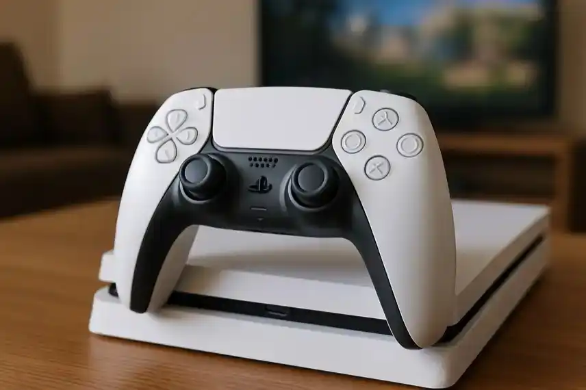 PlayStation 5 Controller auf Konsole als Symbolbild für PS Plus Oktober 2025 Spiele Line-up.