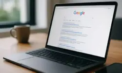 Laptop auf Schreibtisch mit geöffneter Google-Suchergebnisseite – Symbolbild für Änderungen im SERP-Tracking durch das Google-Update.