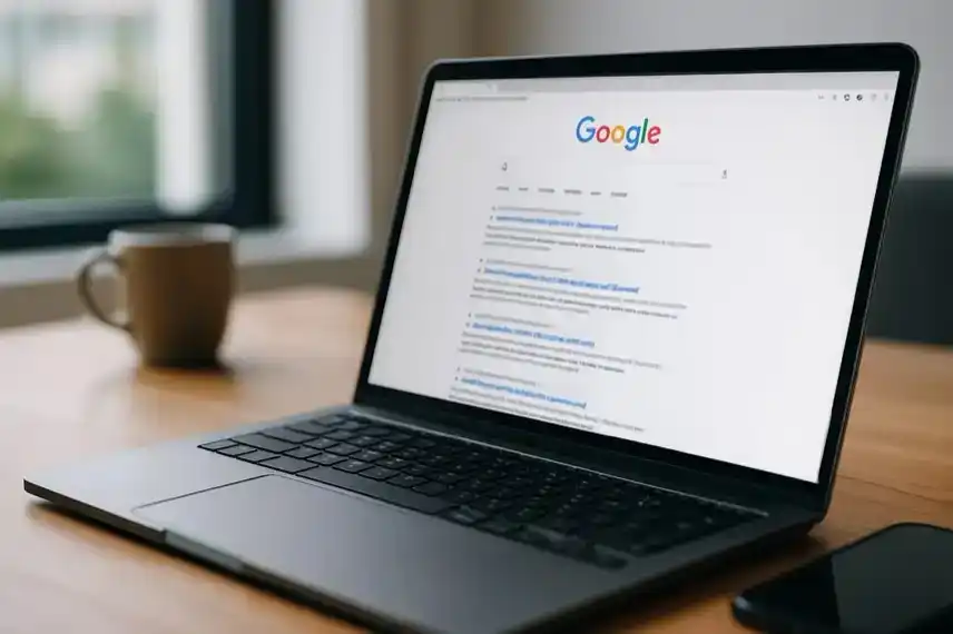 Laptop auf Schreibtisch mit geöffneter Google-Suchergebnisseite – Symbolbild für Änderungen im SERP-Tracking durch das Google-Update.