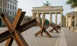 Panzersperren vor dem Brandenburger Tor in Berlin, Darstellung für Artikel zu bundesweiten Friedensdemonstrationen am 3. Oktober.