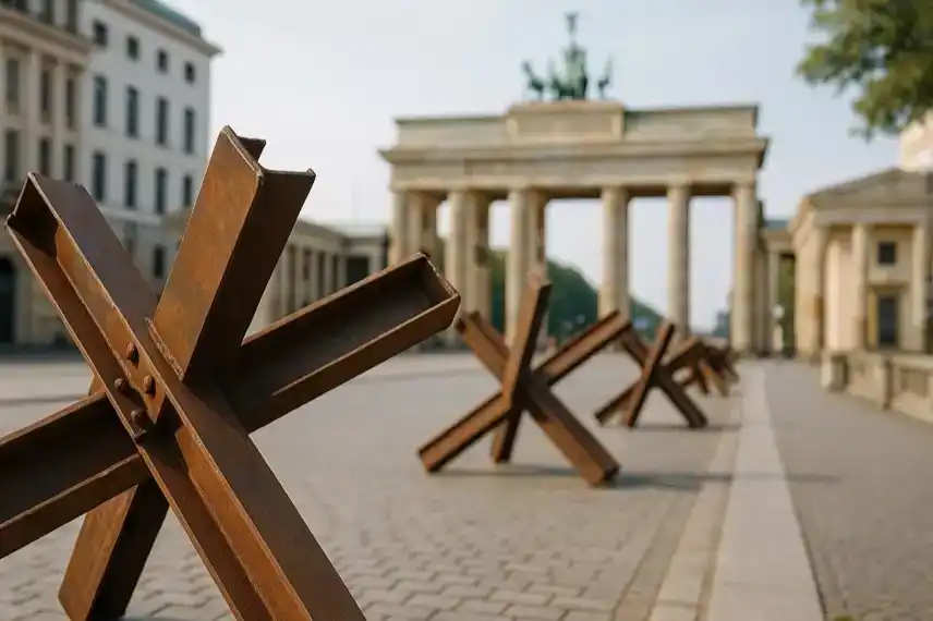 Panzersperren vor dem Brandenburger Tor in Berlin, Darstellung für Artikel zu bundesweiten Friedensdemonstrationen am 3. Oktober.