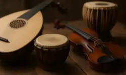 Fotorealistisches Bild mit Oud, Violine und Trommeln, stellvertretend für die kulturelle Vielfalt des Konzerts Spirit of One in Pforzheim 2025.