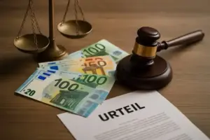 Euro-Geldscheinen, Waage, Richterhammer und Urteil-Dokument als Darstellung des Rechtsstreits zwischen Hertha BSC und Fredi Bobic.