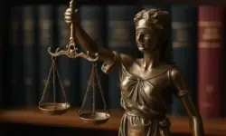 Justitia-Statue mit Waage vor Gesetzbüchern als Darstellung von Rechtsprechung und Gerichtsverfahren im Zusammenhang mit der Libyen-Affäre um Sarkozy.