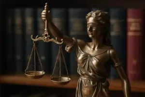 Justitia-Statue mit Waage vor Gesetzbüchern als Darstellung von Rechtsprechung und Gerichtsverfahren im Zusammenhang mit der Libyen-Affäre um Sarkozy.