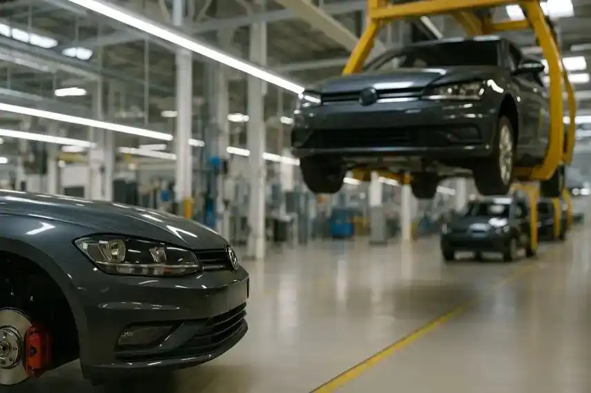 Bosch Stellenabbau – Autofabrik mit Fahrzeugen am Montageband, Nachstellung als Symbolfoto für Arbeitsplatzabbau in der Automobilindustrie.