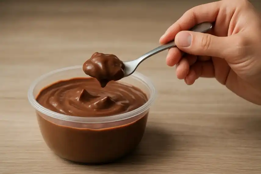 Pudding mit Gabel essen – Nachstellung des viralen Trends aus Karlsruhe, bei dem Menschen gemeinsam Pudding mit Gabeln verspeisen.